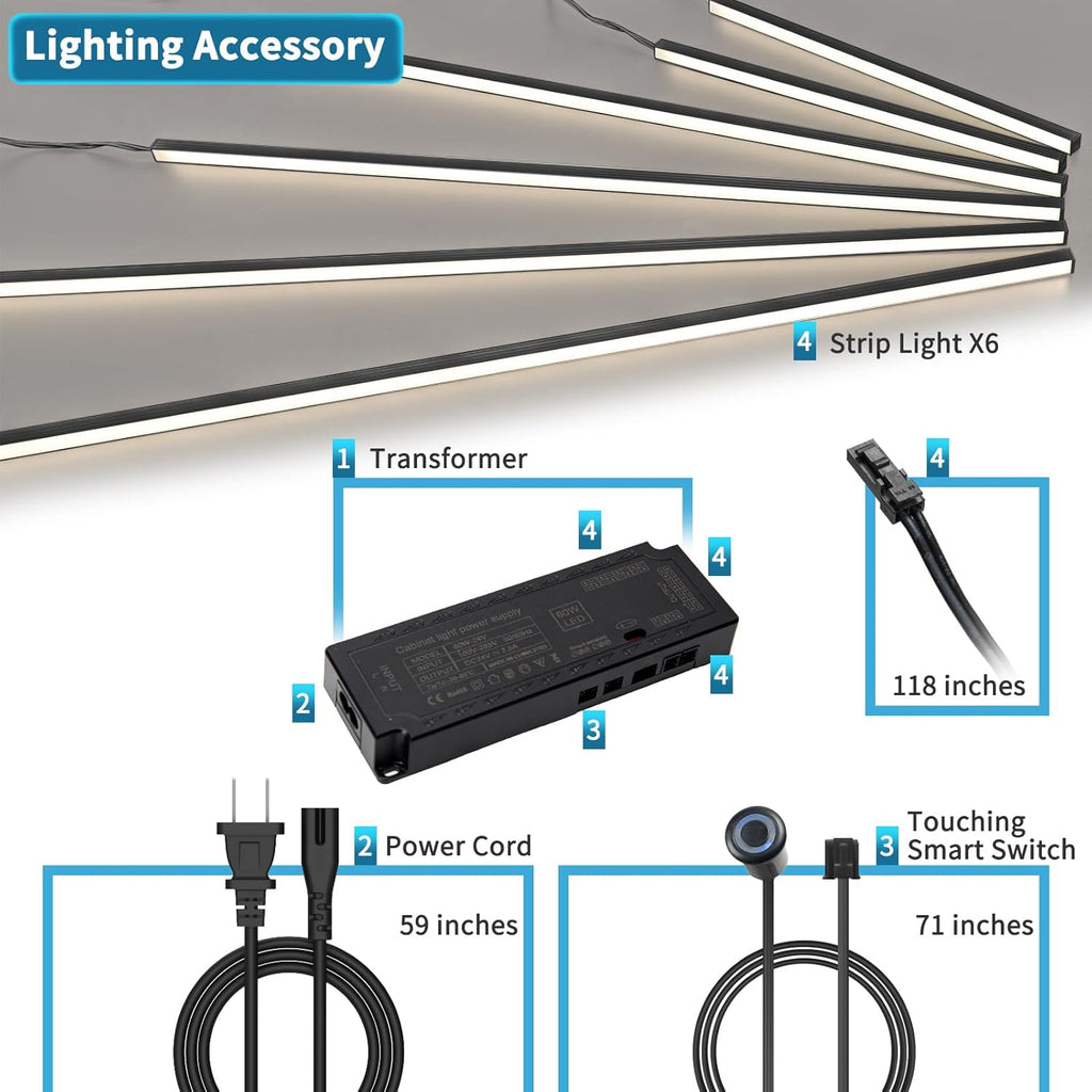 LED Recessed Lighting Kit - 6Pcs Self-Adhesive White LED Light with Smart Switch, 3000K Touching Switch Light for Wood Slat Wall Panels, Headboards, Stairs, Home Decor, under Cabinet Strip Light