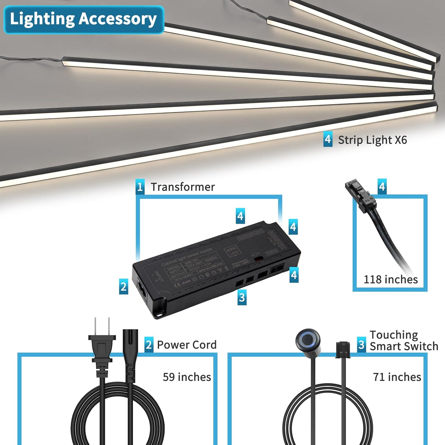 LED Recessed Lighting Kit - 6Pcs Self-Adhesive White LED Light with Smart Switch, 3000K Touching Switch Light for Wood Slat Wall Panels, Headboards, Stairs, Home Decor, under Cabinet Strip Light