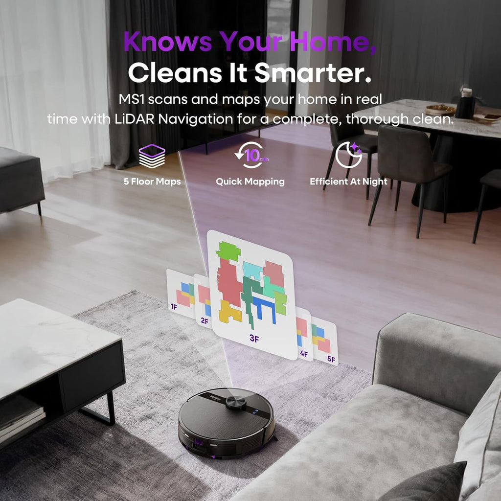 Robot Vacuum and Mop Combo, 5000Pa Robotic Vacuum with Lidar Navigation, 180Mins Runtime, Tangle-Free Robot Mop, 5 Editable Maps, App/Remote/Voice Control, Ideal for Hard Floors and Carpets