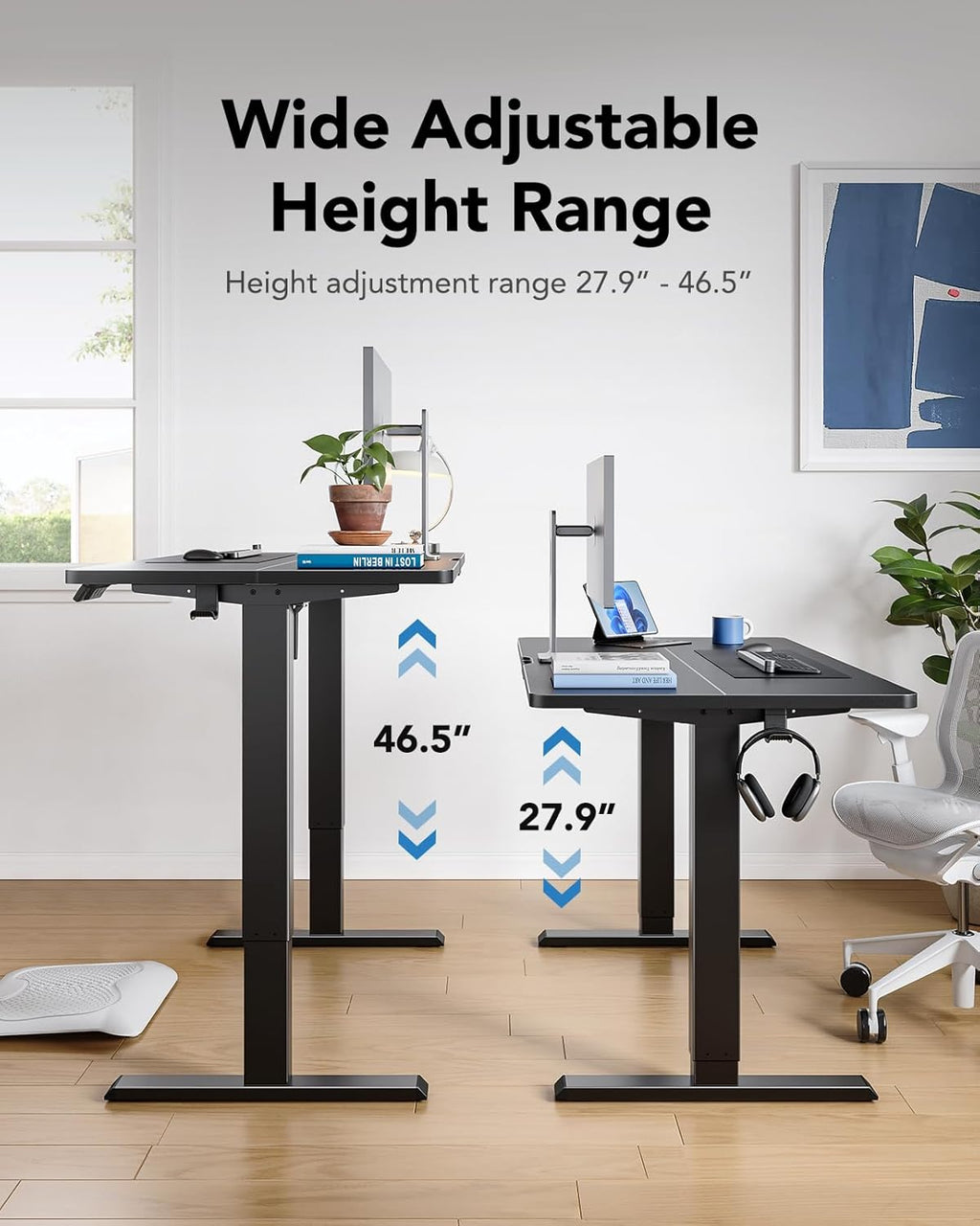 48" X 24" Electric Standing Desk Adjustable Height, 4 Memory Height Settings, Headphone Hook, Cable Manager, Sit Stand up Desk for Home Office & Computer Workstation, Black