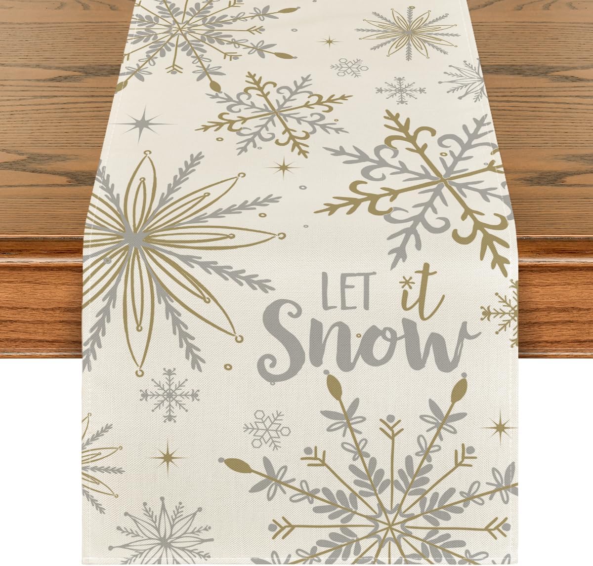 Beige Snowflake Let It Snow Winter Table Runner, Seasonal Christmas Kitchen Dining Table Decoration for Home Party Decor 13X72 Inch