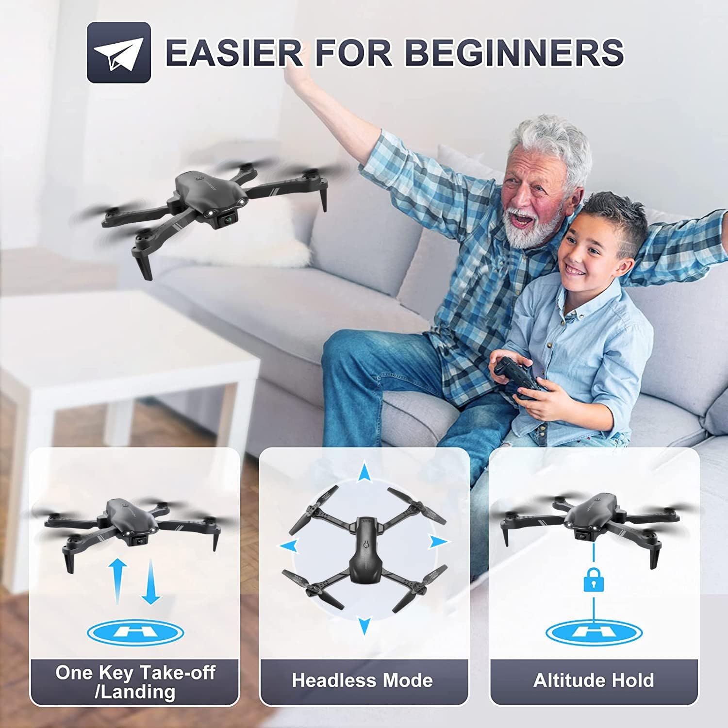 4DV13 Drone with 1080P HD FPV Camera for Kids Adults,Remote Control Helicopter Quadcopter for Beginners Boy Toys Gift,Waypoint Functions,Altitude Hold, Gesture Selfie,3D Flips,2 Batteries,Black