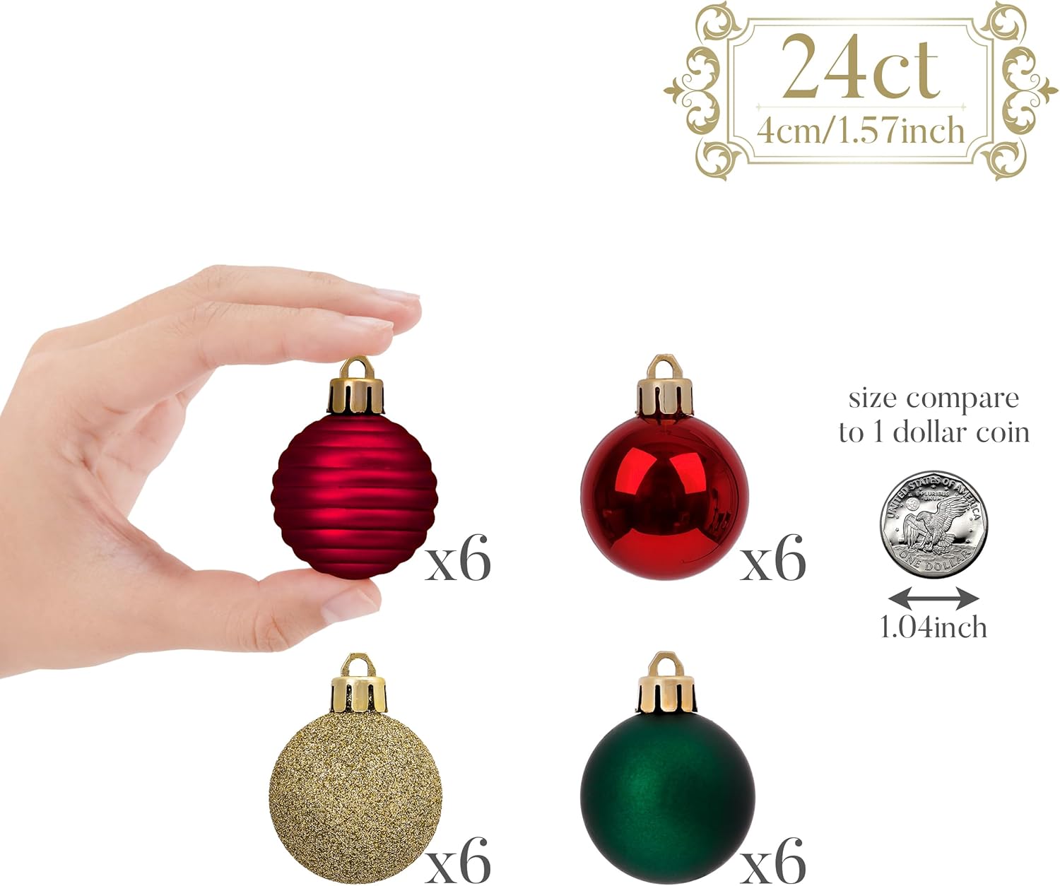 1.57 Inches Small Christmas Tree Decorations Ornament Set for Fall Halloween, 24Ct Red Green Gold Shatterproof Hanging Ball Ornaments Holiday Party Decor