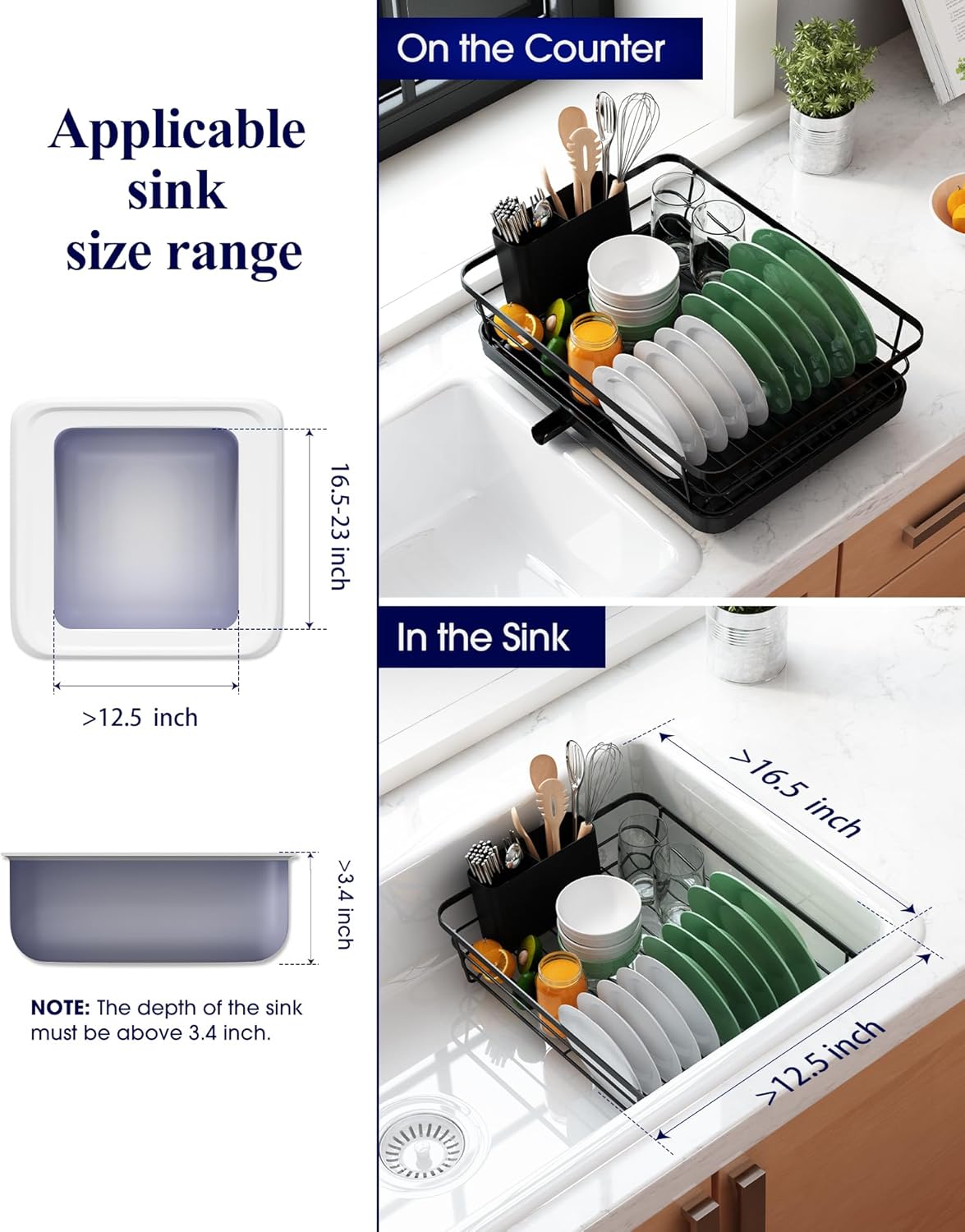 Dish Drying Rack for Kitchen Counter, Stainless Steel Sink Organization and Storage Essentials with Cutlery Holder, Home and Appartment Decor, 12''W X 15.5''L, Black