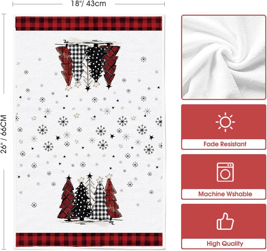 Red Black Buffalo Plaid Snowman Xmas Trees Christmas Kitchen Towels Dish Towels, 18X26 Inch Daily Seasonal Winter Decoration Hand Towels Set of 4
