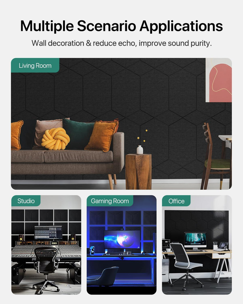 Sound Proof Foam Panels, 12 Pack Self Adhesive, High Density Soundproofing for Walls, Home Studio, Living Room 12" X 10" X 0.4" Y-Line Black