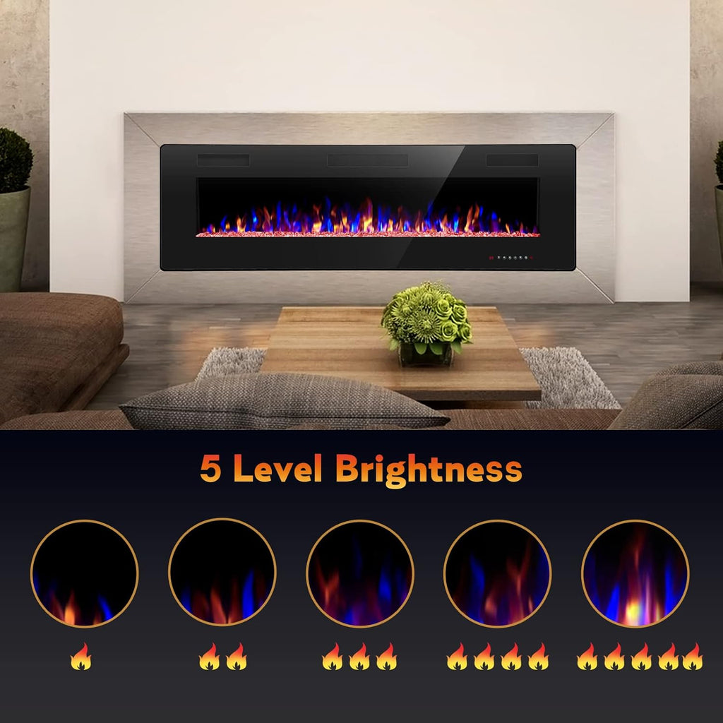 60" Recessed and Wall Mounted Electric Fireplace, Low Noise, Fit for 2 X 6 Stud, Remote Control with Timer, Touch Screen, Adjustable Flame Color and Speed, 750-1500W