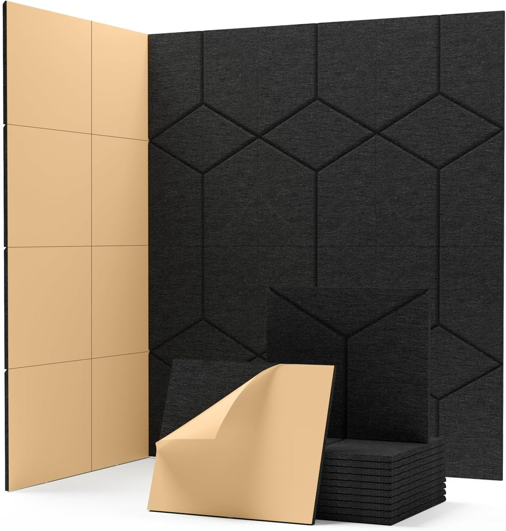 Sound Proof Foam Panels, 12 Pack Self Adhesive, High Density Soundproofing for Walls, Home Studio, Living Room 12" X 10" X 0.4" Y-Line Black