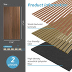 2 Wood Slat Acoustic Panels for Wall and Ceiling - 3D Fluted Sound Absorbing Panel with Wood Finish - Walnut