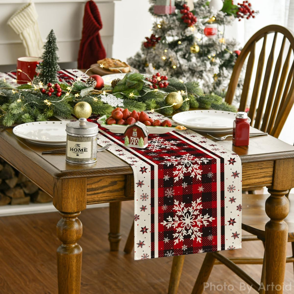 Buffalo Plaid Snowflakes Christmas Table Runner, Seasonal Winter Kitchen Dining Table Decoration for Home Party Decor 13X72 Inch