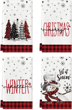 Red Black Buffalo Plaid Snowman Xmas Trees Christmas Kitchen Towels Dish Towels, 18X26 Inch Daily Seasonal Winter Decoration Hand Towels Set of 4