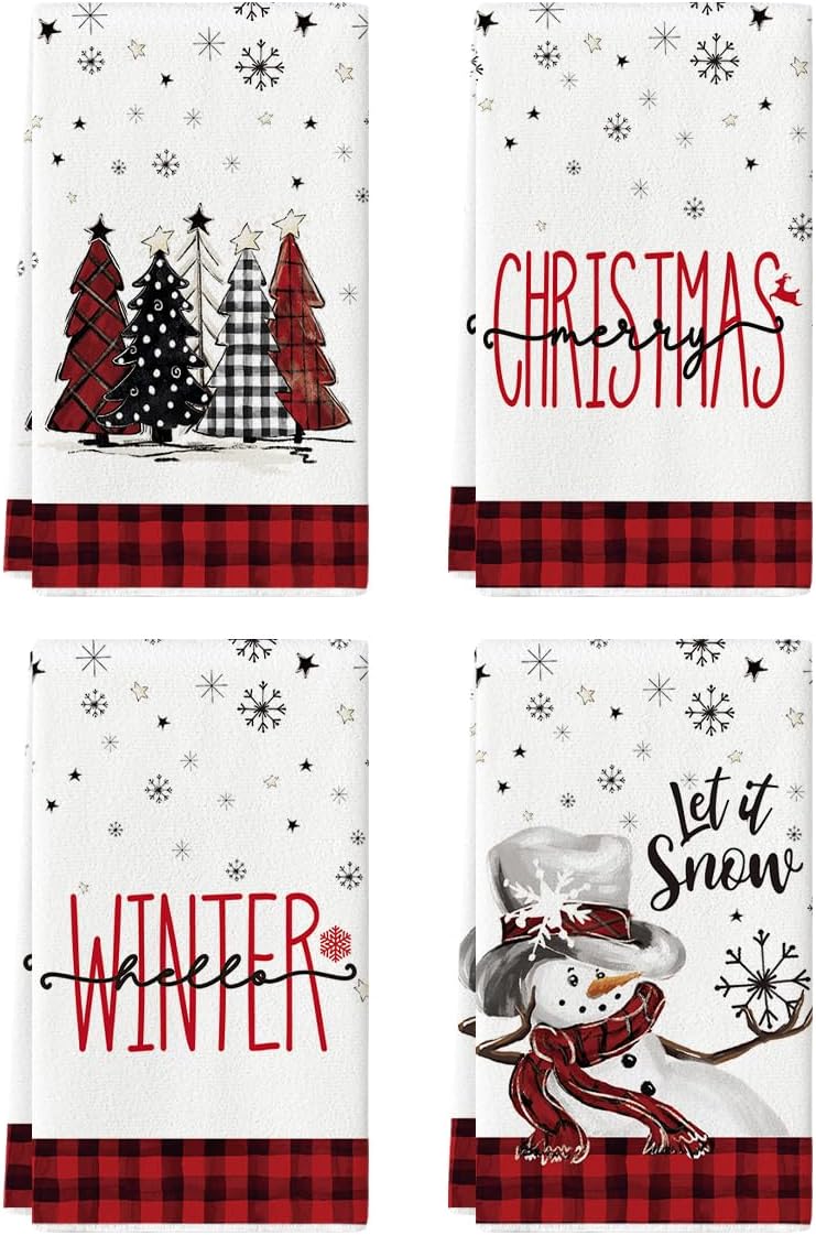 Red Black Buffalo Plaid Snowman Xmas Trees Christmas Kitchen Towels Dish Towels, 18X26 Inch Daily Seasonal Winter Decoration Hand Towels Set of 4