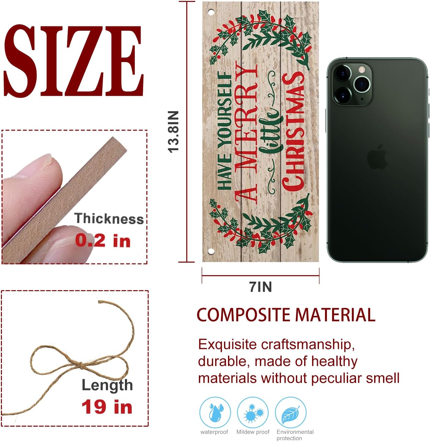 Christmas Door Hanging Sign，Big Wall Wood Winter Decorations Signs，Indoor Outdoor Decorative Ornament for Home, Classroom, Office（7 X 13.8X 0.2 Inches）