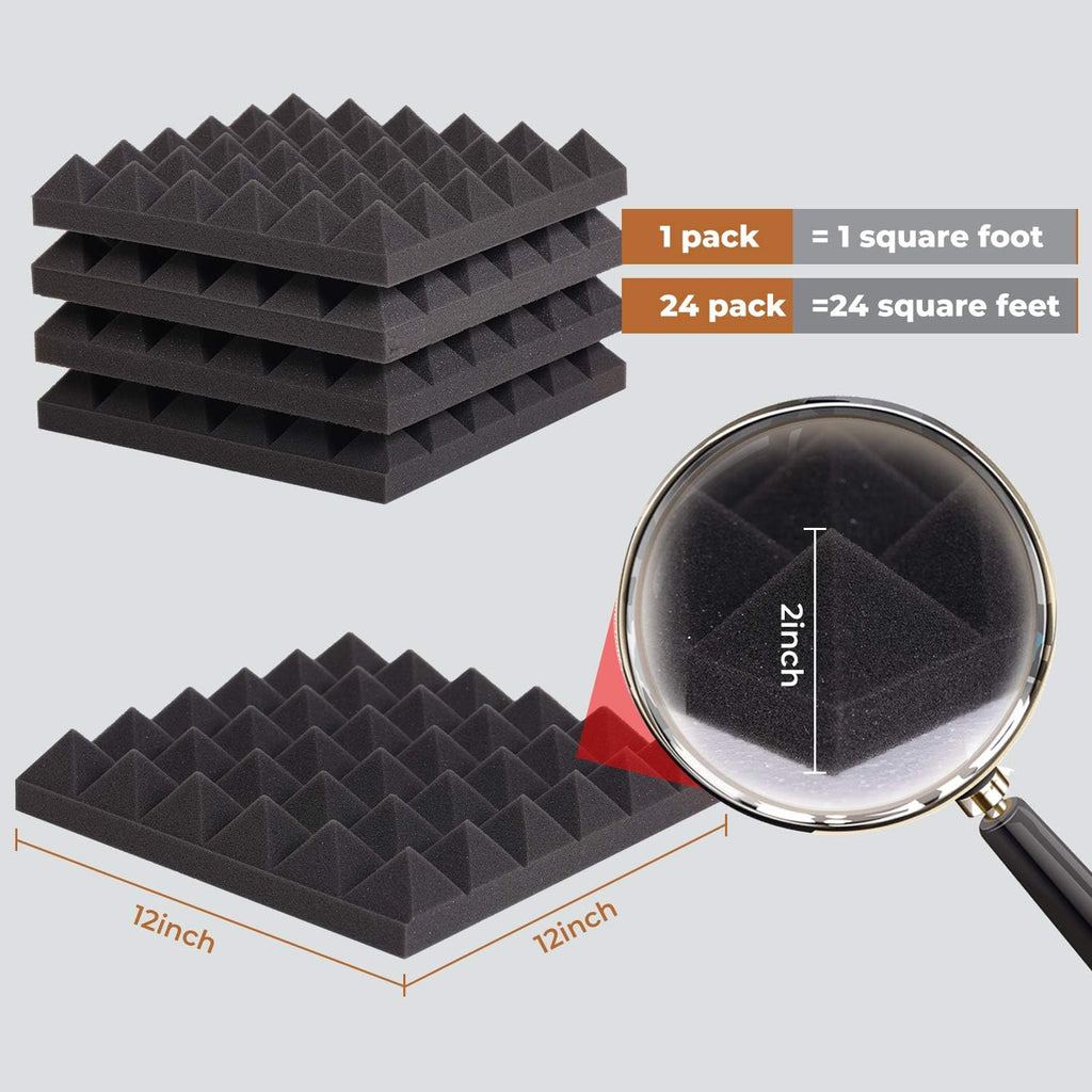24 Pack-12 X 12 X 2 Inches Pyramid Designed Acoustic Foam Panels, Sound Proof Foam Panels Black, High Density and Fire Resistant Acoustic Panels, Sound Panels, Studio Foam for Wall and Ceiling