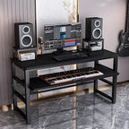 Music Studio Recording Desk with 1 Piano Keyboard Tray, Music Production Workstation, Home Office Furniture Wooden Table (Black Board + Black Frame, 63 Inches)