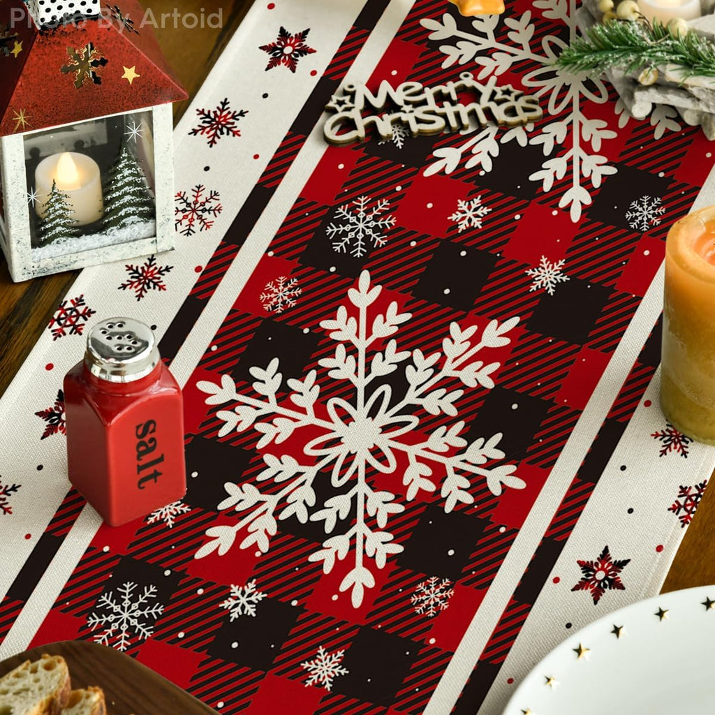 Buffalo Plaid Snowflakes Christmas Table Runner, Seasonal Winter Kitchen Dining Table Decoration for Home Party Decor 13X72 Inch