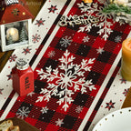 Buffalo Plaid Snowflakes Christmas Table Runner, Seasonal Winter Kitchen Dining Table Decoration for Home Party Decor 13X72 Inch