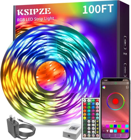100Ft Led Strip Lights RGB Music Sync Color Changing Bluetooth Led Lights with Smart App Control Remote Led Lights for Bedroom Room Lighting Flexible Home Décor