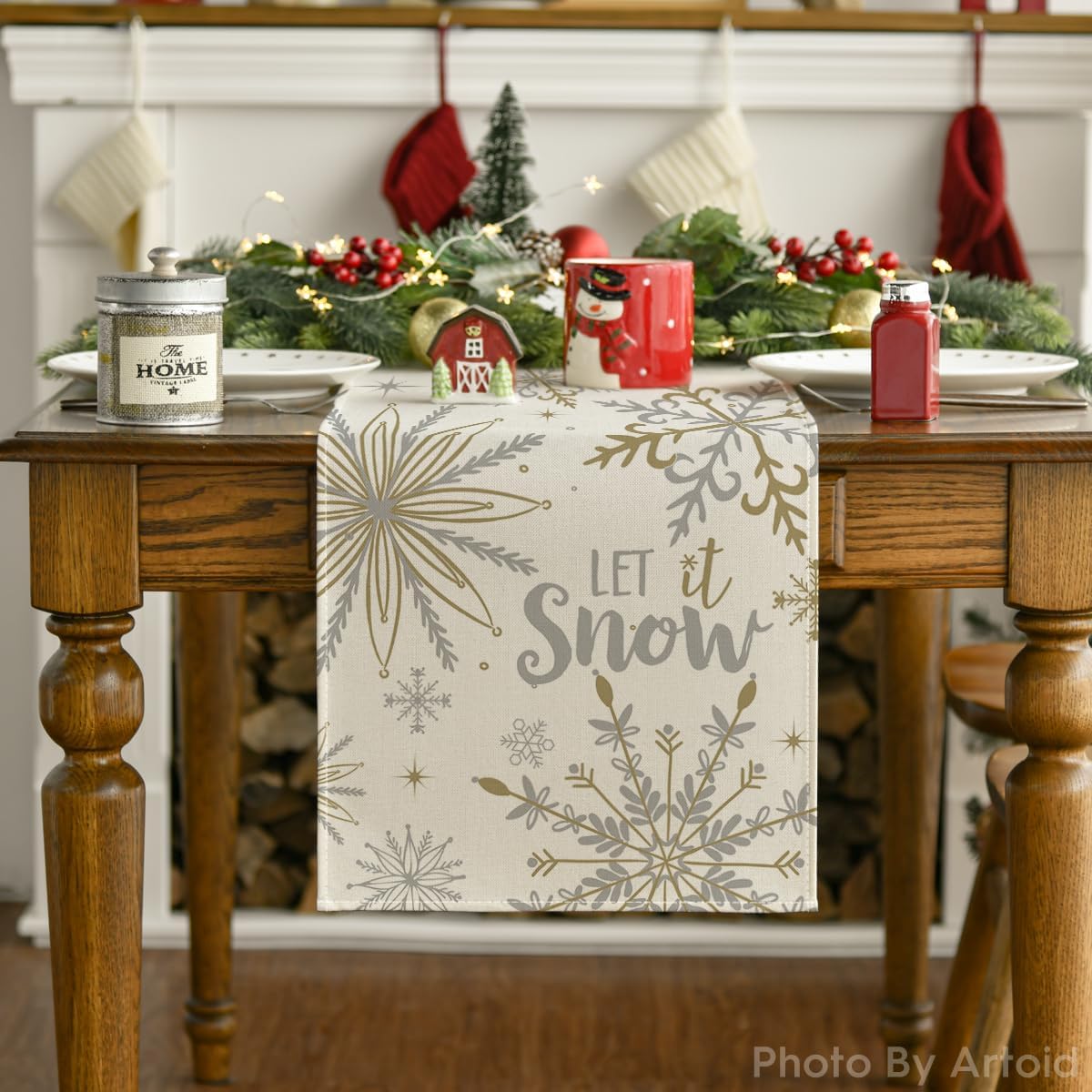Beige Snowflake Let It Snow Winter Table Runner, Seasonal Christmas Kitchen Dining Table Decoration for Home Party Decor 13X72 Inch