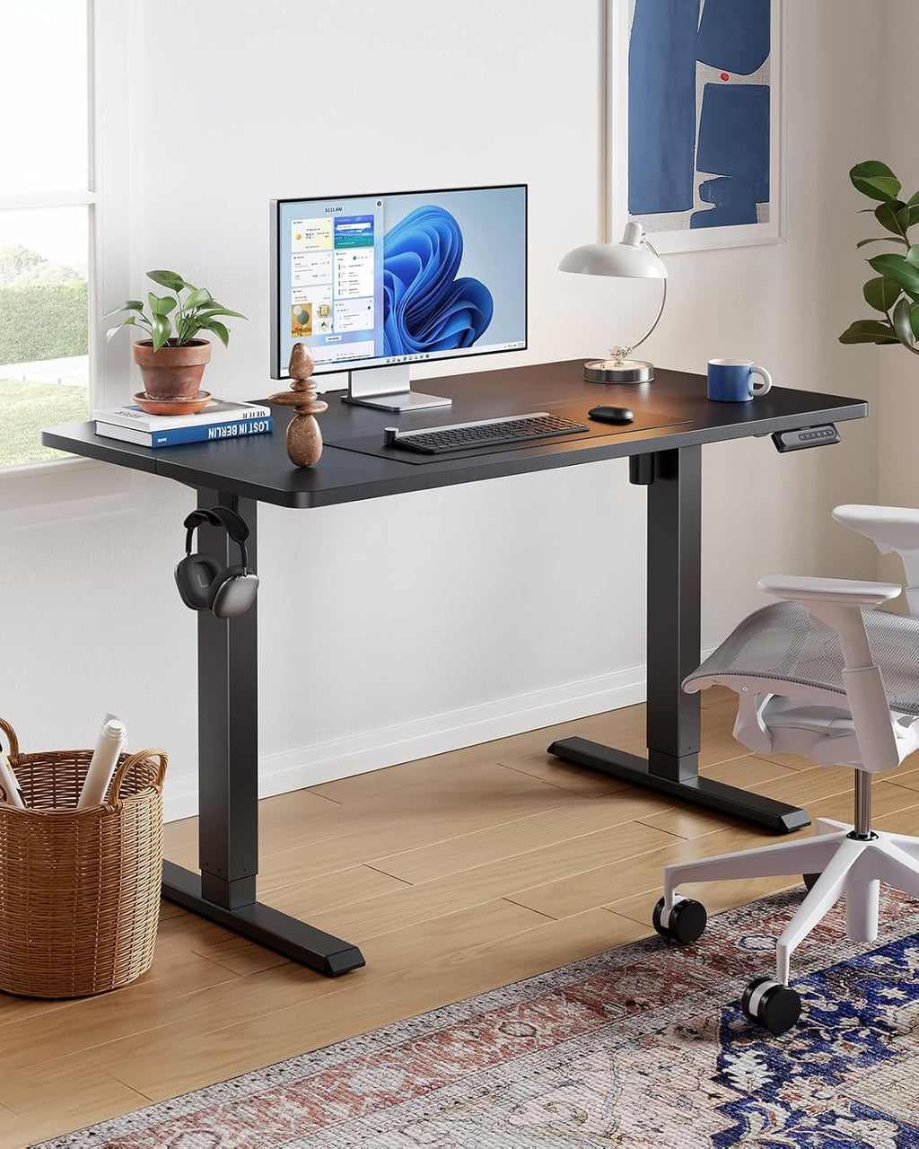 48" X 24" Electric Standing Desk Adjustable Height, 4 Memory Height Settings, Headphone Hook, Cable Manager, Sit Stand up Desk for Home Office & Computer Workstation, Black