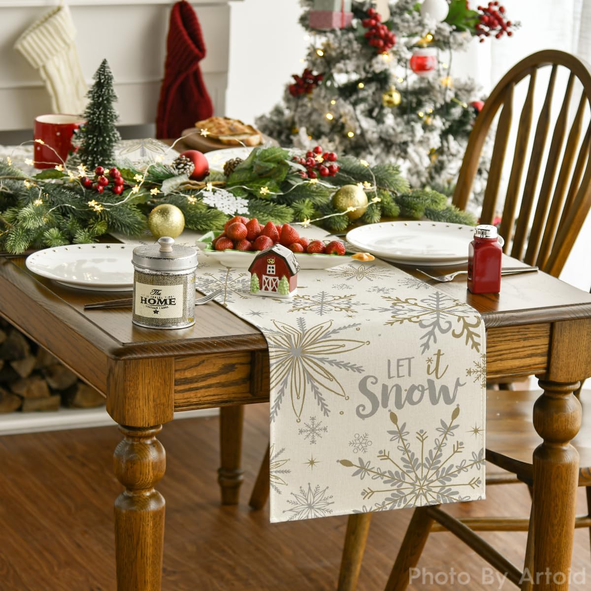 Beige Snowflake Let It Snow Winter Table Runner, Seasonal Christmas Kitchen Dining Table Decoration for Home Party Decor 13X72 Inch
