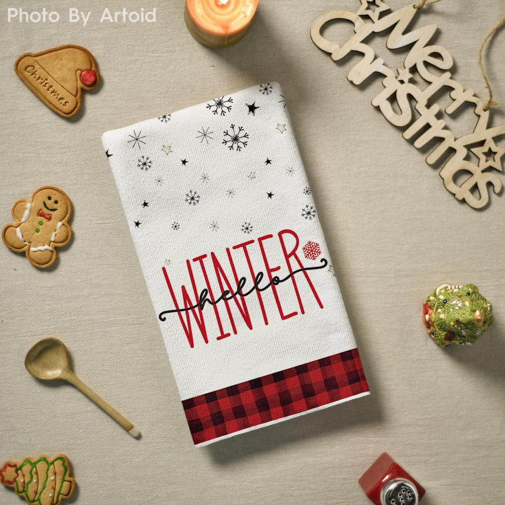 Red Black Buffalo Plaid Snowman Xmas Trees Christmas Kitchen Towels Dish Towels, 18X26 Inch Daily Seasonal Winter Decoration Hand Towels Set of 4