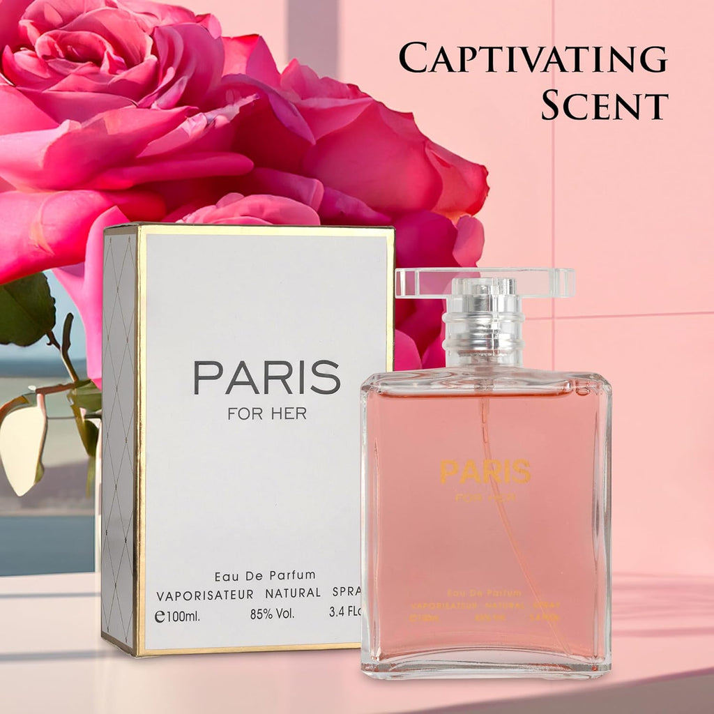 Paris for Her Eau De Parfum Spray Perfume, Fragrance for Women-Daywear, Casual Daily Cologne Set with Deluxe Suede Pouch- 3.4 Oz Bottle- Ideal EDT Beauty Gift for Birthday, Anniversary (3.4)