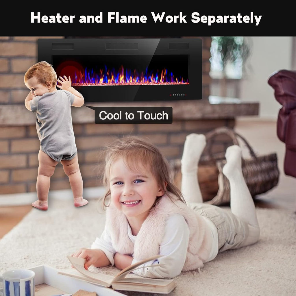 60" Recessed and Wall Mounted Electric Fireplace, Low Noise, Fit for 2 X 6 Stud, Remote Control with Timer, Touch Screen, Adjustable Flame Color and Speed, 750-1500W