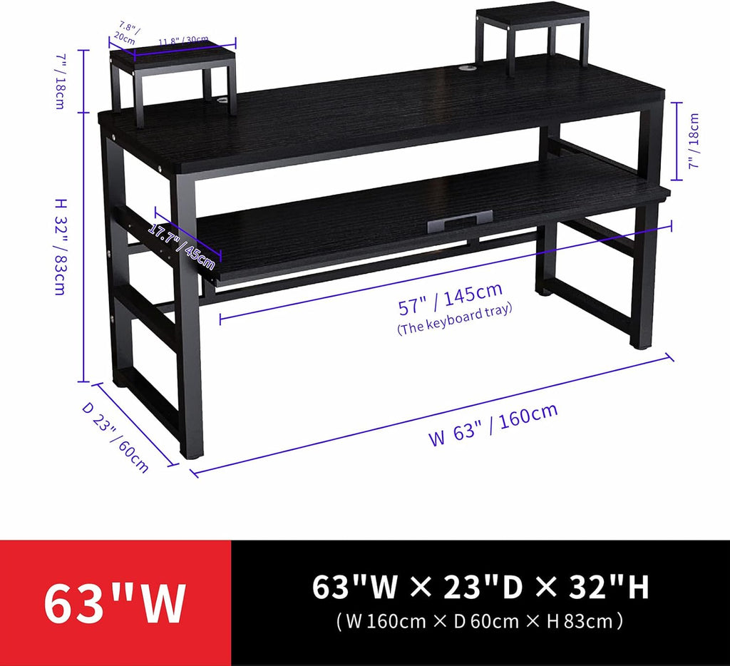 Music Studio Recording Desk with 1 Piano Keyboard Tray, Music Production Workstation, Home Office Furniture Wooden Table (Black Board + Black Frame, 63 Inches)
