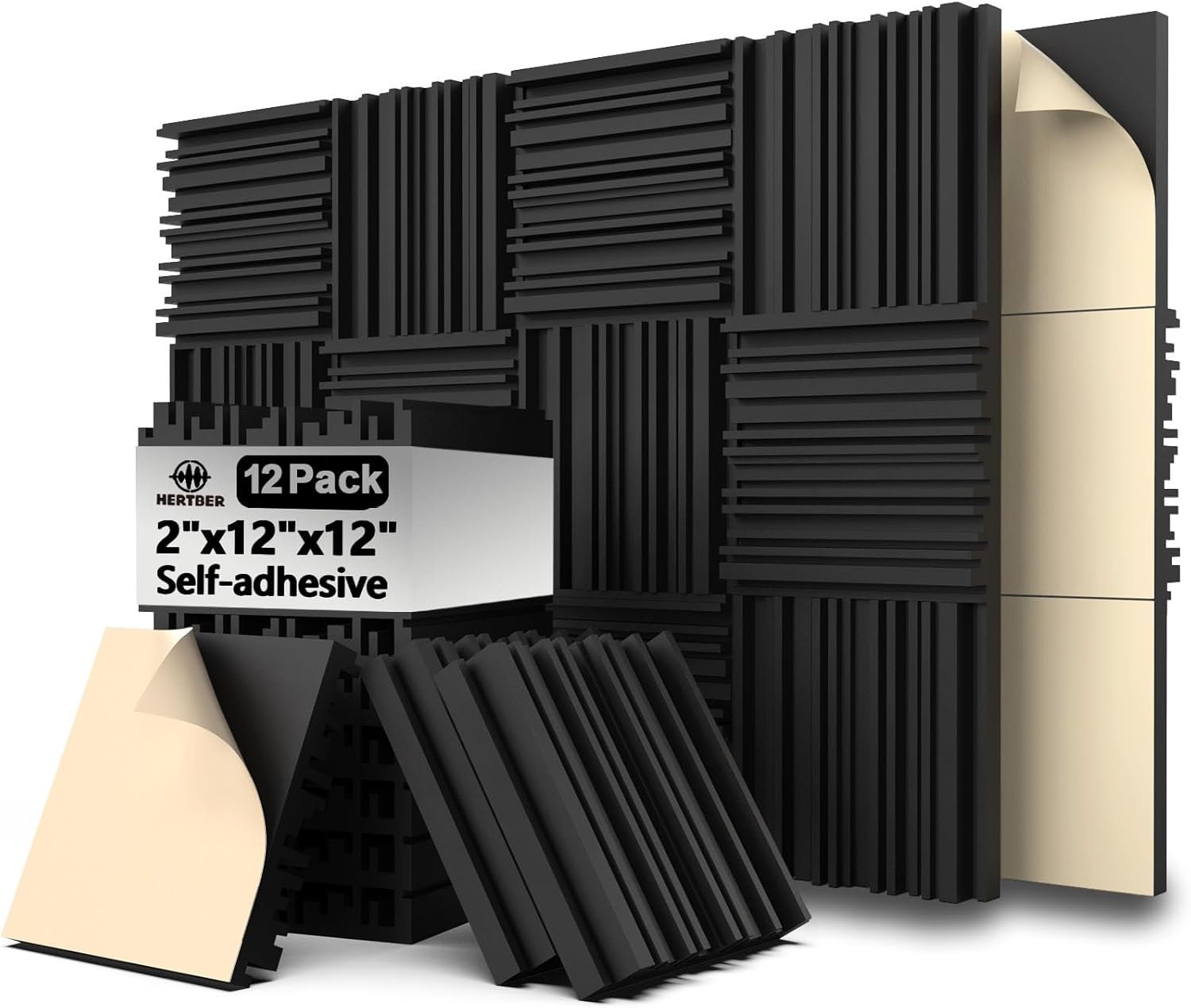 12 Pack Sound Proof Panels for Walls, Self-Adhesive Grooved Black Sound Deadening Foam, 12X12X2 Inches Sound Panels, High Density Soundproofing Panels for Echoes Absorption