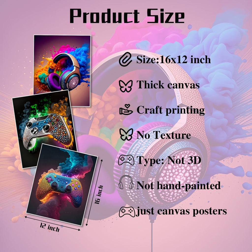 Gaming Room Canvas Wall Art Set of 3, Game Posters Wall Decor, Gamer Paintings Picture Print for Boys Room Kids Game Room Bedroom Boys Home Decoration 12X16 in Unframed