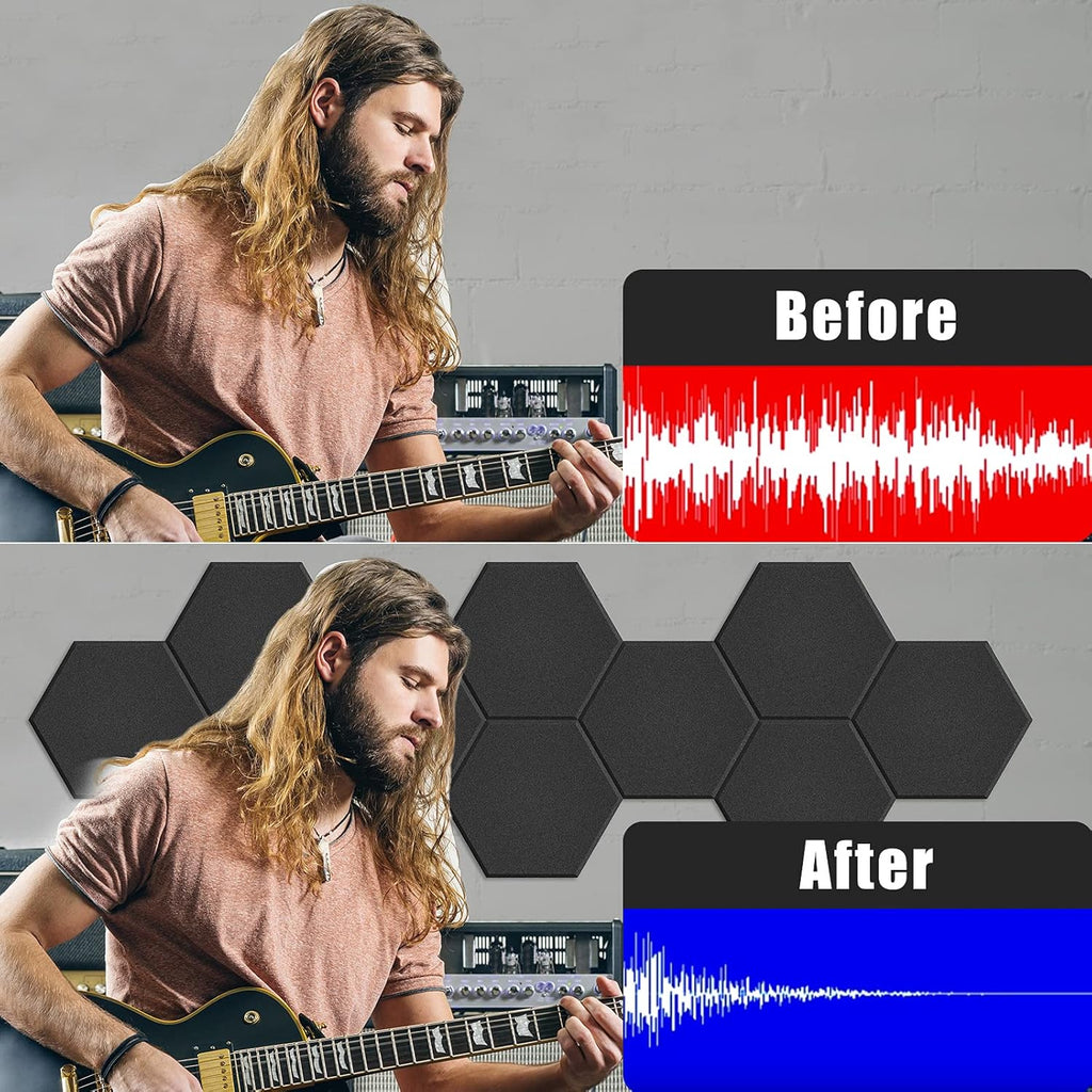 12 Pack Self-Adhesive Acoustic Panels 12" X 10" X 0.4" - Sound Proof Foam Panels with High Density, Stylish Hexagonal Design, Flame Resistant, Absorb Noise and Eliminate Echoes(Black)