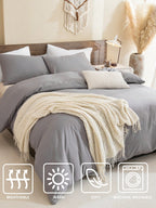 Grey Duvet Cover Set Boho Farmhouse Bedding Set 3 Pcs Solid Colour Super Soft Breathable Microfiber Duvet Cover Set (1 Duvet Cover + 2 Pillow Shams, No Filling) Gifts for Women&Men
