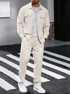 Manfinity Casualcool 2Pcs Set Men Corduroy Long Sleeve Work Shirt & Pants, Fall Clothes