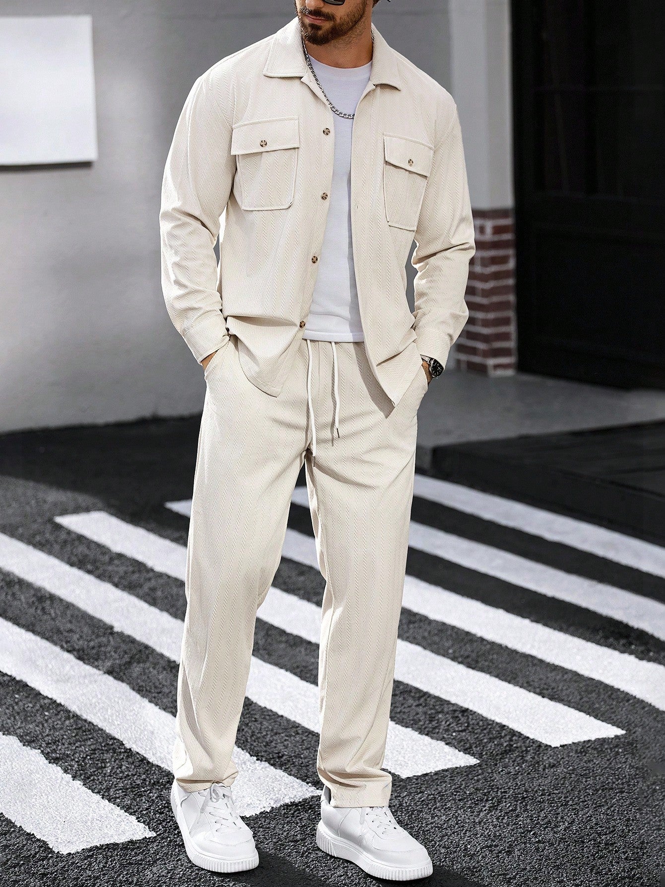 Manfinity Casualcool 2Pcs Set Men Corduroy Long Sleeve Work Shirt & Pants, Fall Clothes