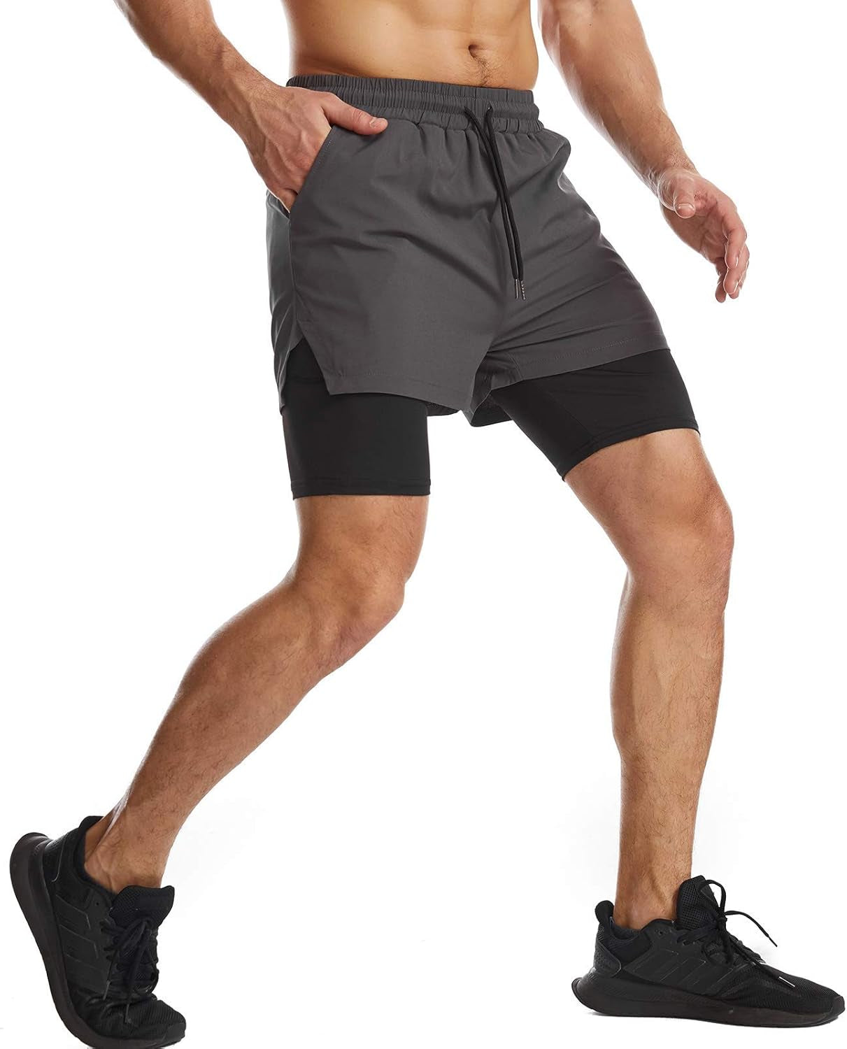 Mens 2 in 1 Running Shorts Quick Dry Athletic Shorts with Liner, Workout Shorts with Zip Pockets and Towel Loop