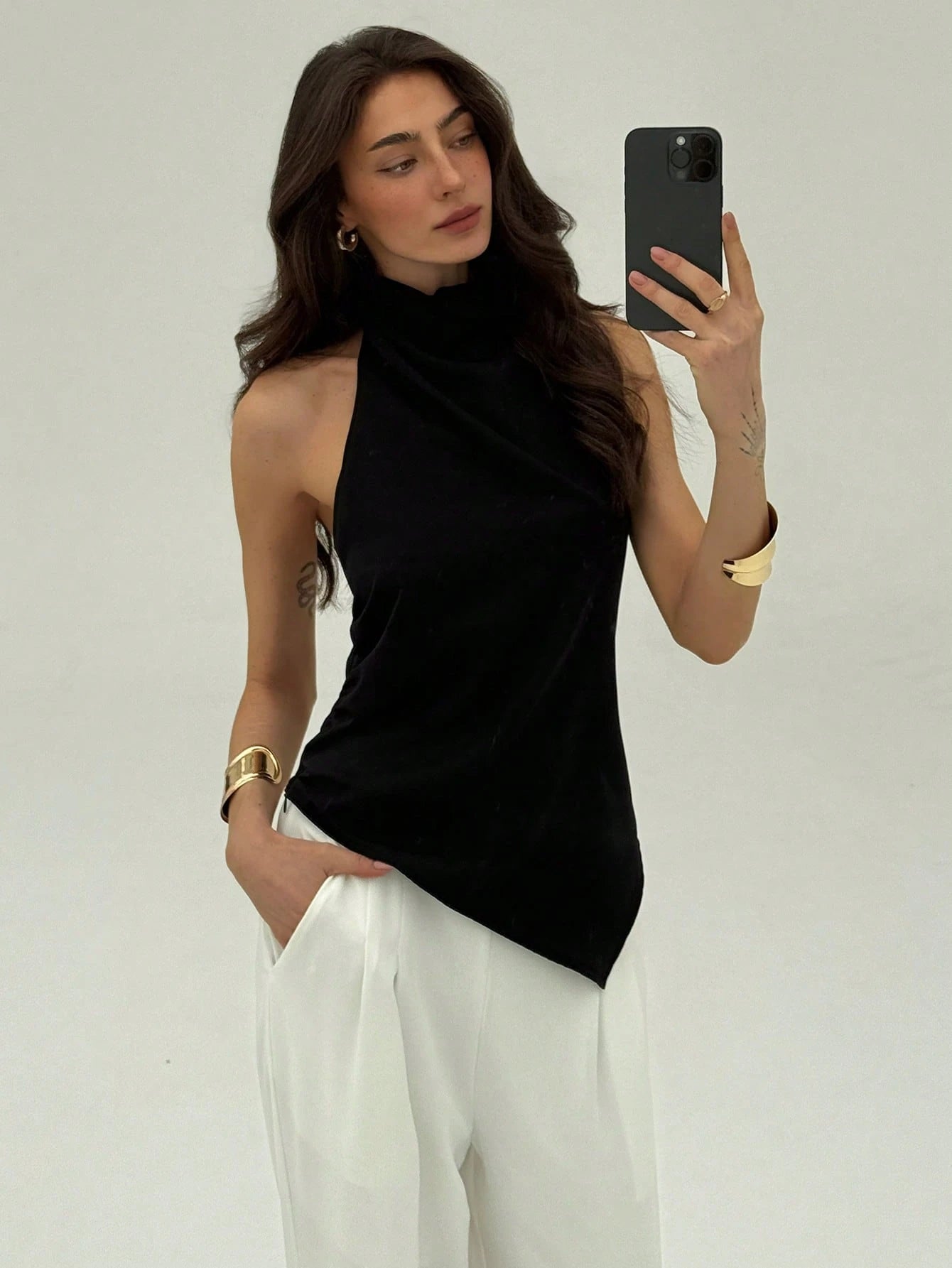 Aloruh Women'S Solid Color Asymmetrical Hem Halter Neck Top,Rave Top