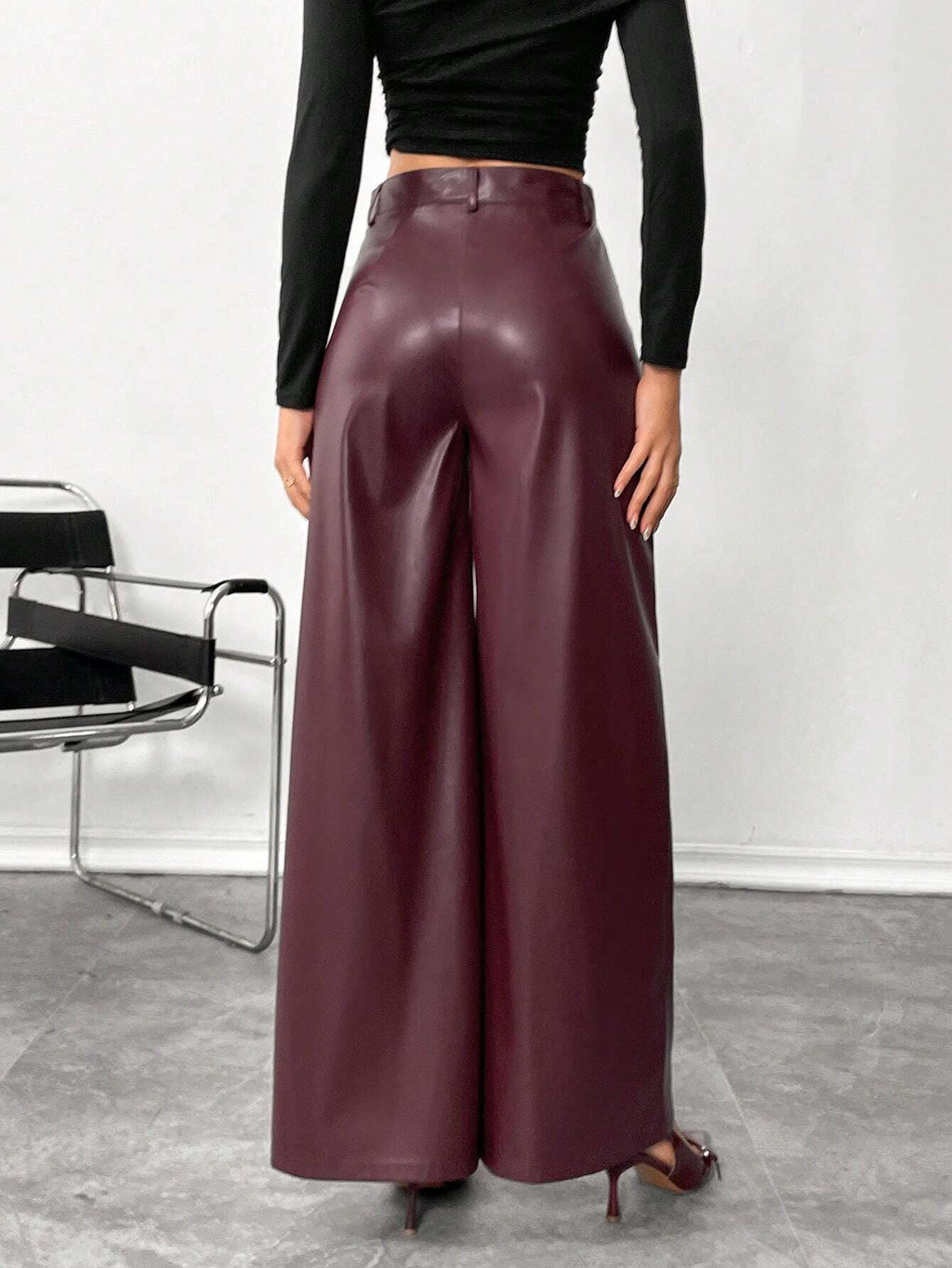 Siren Gaze Women'S Burgundy Red Leather Women Pants Plain Front-Button Minimalist Casual Pants, Daily Wear, Women Bottoms