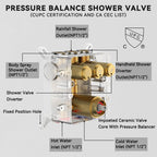 Brushed Gold Shower System,  Ceiling Mounted 12+8 Inch Rainfall Shower Head with 2 in 1 High Pressure Handheld, Can Use All at Once, Push Button Diverter Pressure Balancing Valve with Trim Kit