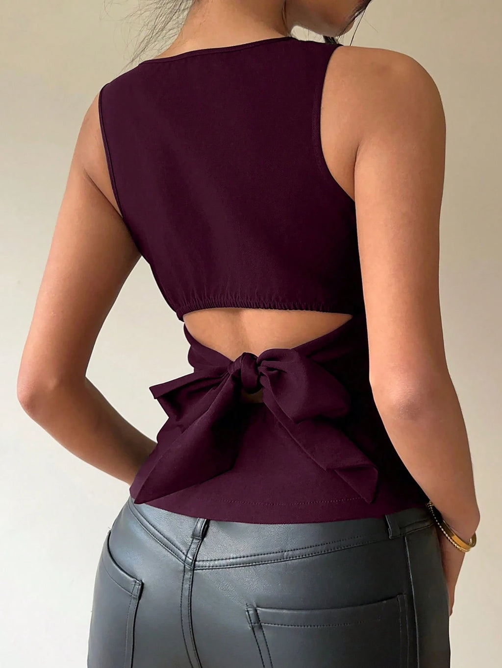 Aloruh Women'S Commuter & Casual Backless Bowknot round Neck Sleeveless Blouse, Purple Top,Rave Top