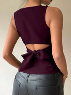 Aloruh Women'S Commuter & Casual Backless Bowknot round Neck Sleeveless Blouse, Purple Top,Rave Top