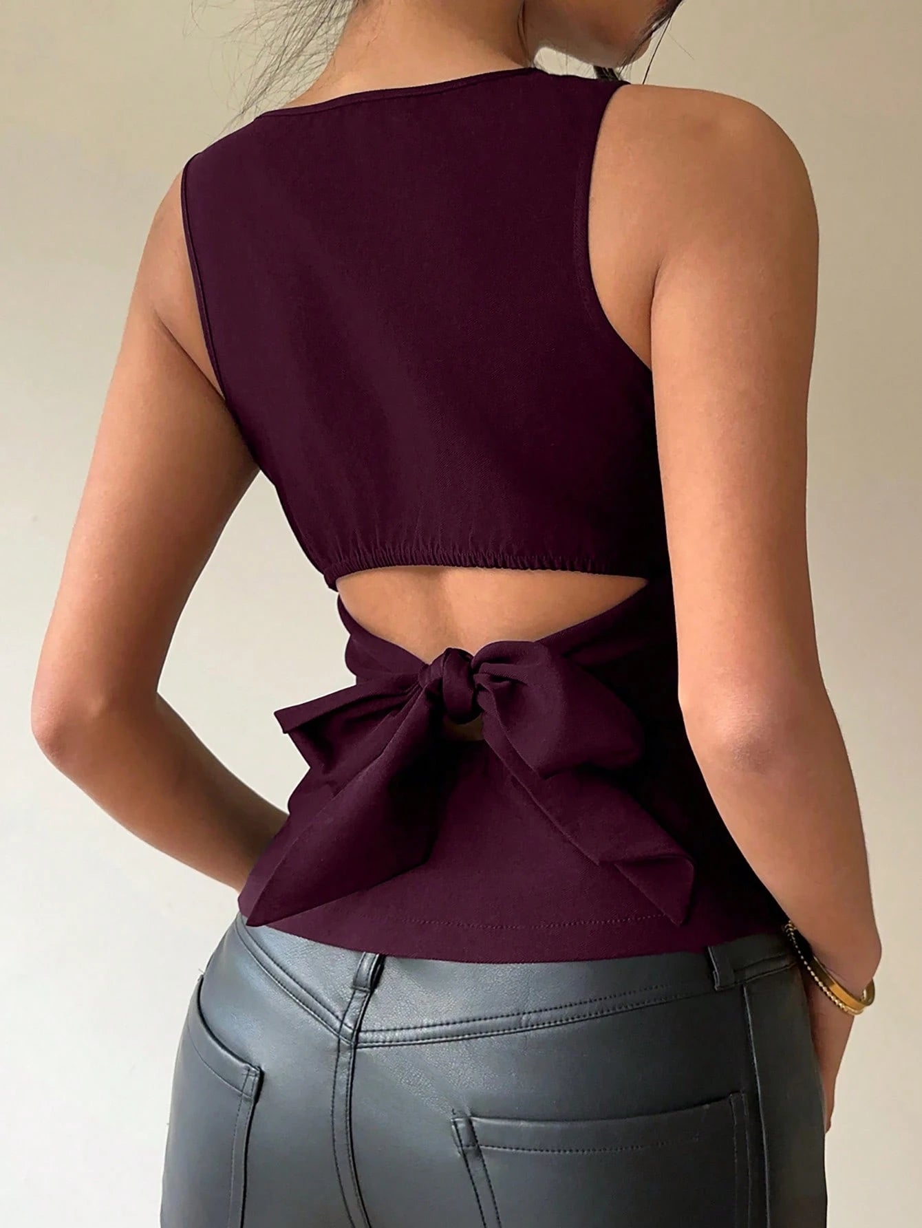 Aloruh Women'S Commuter & Casual Backless Bowknot round Neck Sleeveless Blouse, Purple Top,Rave Top