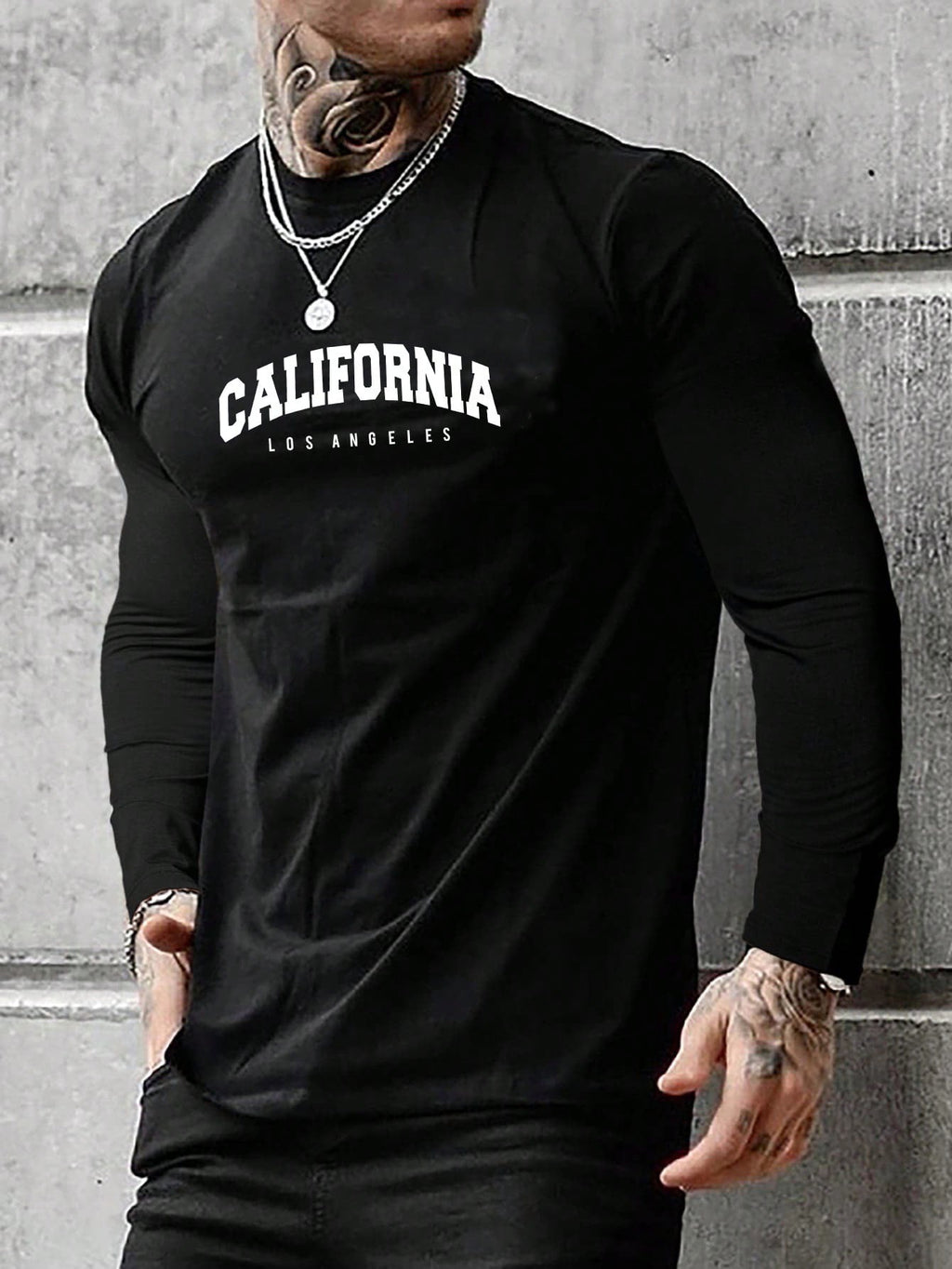 Manfinity Homme Men California Letter Graphic Casual Long Sleeve Tee, for Going Out, for Husband, Black Long Sleeve T-Shirt, California Los Angeles T-Shirt, for Fall
