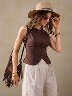 Wildy Casual Vacation French Retro Coffee Color Cotton Cardigan Cotton Brown Tops Office Outfits for Women Western Wear Women Brown Top Brown Tops Business Casual Woman Casual Tops Frenchy Tank Tops Western