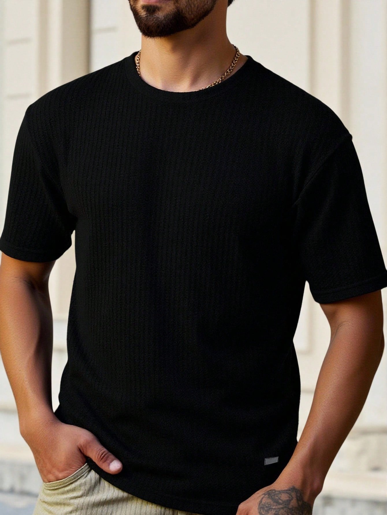 Manfinity BRENVOR Loose Fit Men Solid Waffle Knit round Neck Casual T-Shirt