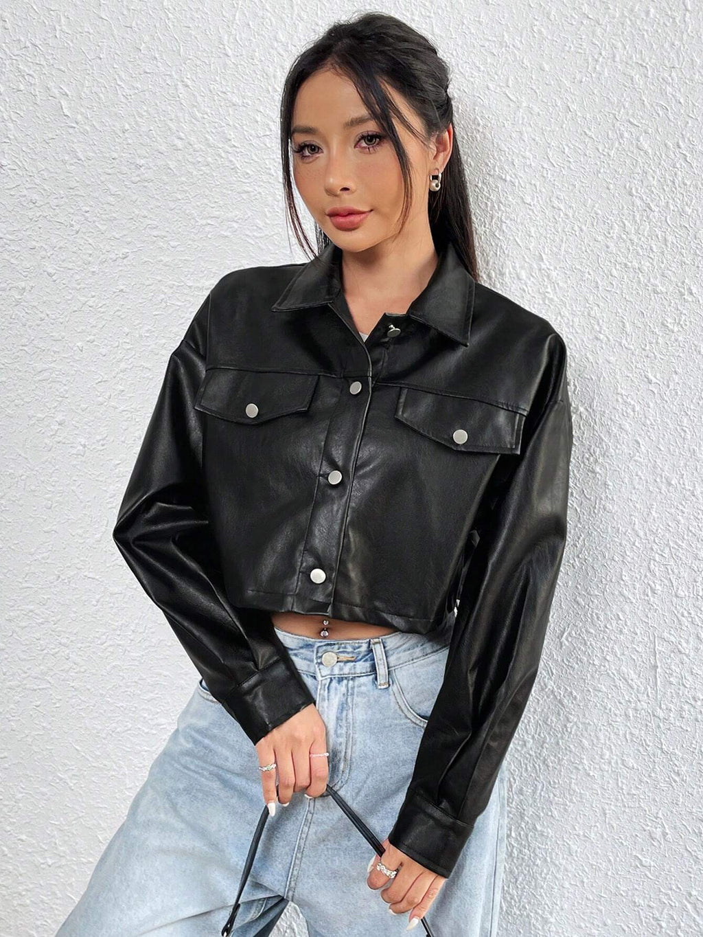 Ezwear 1Pc Flap Detail Drop Shoulder Crop PU Leather Jacket,Ladies Late Fall Casual Button Drop Shoulder Collar Regular Fit Black Plain Women Jackets,Outdoor Activities