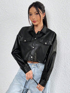Ezwear 1Pc Flap Detail Drop Shoulder Crop PU Leather Jacket,Ladies Late Fall Casual Button Drop Shoulder Collar Regular Fit Black Plain Women Jackets,Outdoor Activities