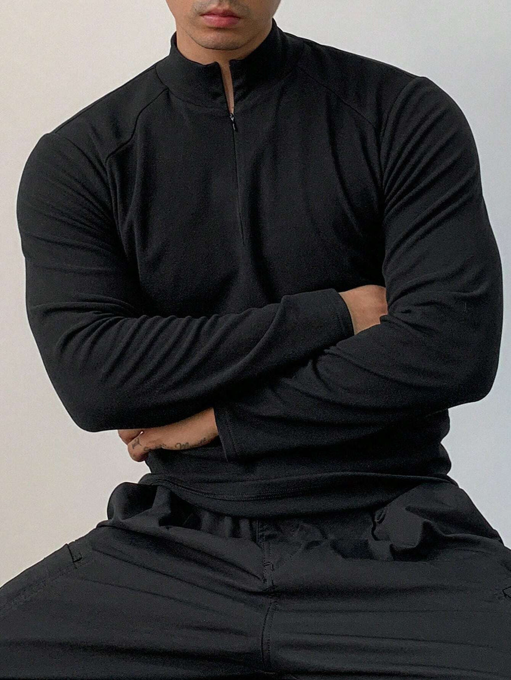 DAZY Men'S Solid Color Stand Collar Zipper Long Sleeve Slim Fit Sports T-Shirt, Autumn, Fall