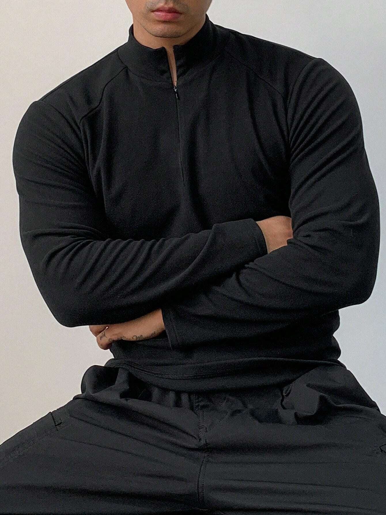 DAZY Men'S Solid Color Stand Collar Zipper Long Sleeve Slim Fit Sports T-Shirt, Autumn, Fall