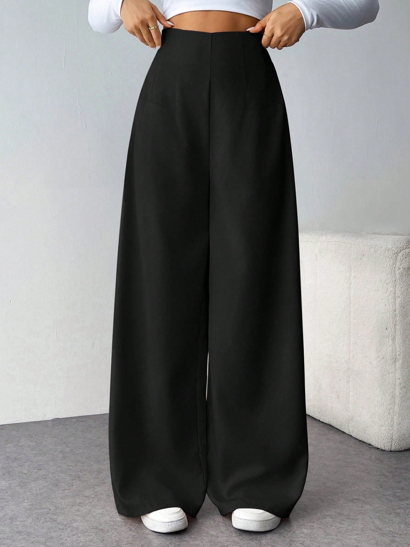 Firerie Women Minimalist Casual Fashion Back-To-School High Waist Textured Wide Leg Pants